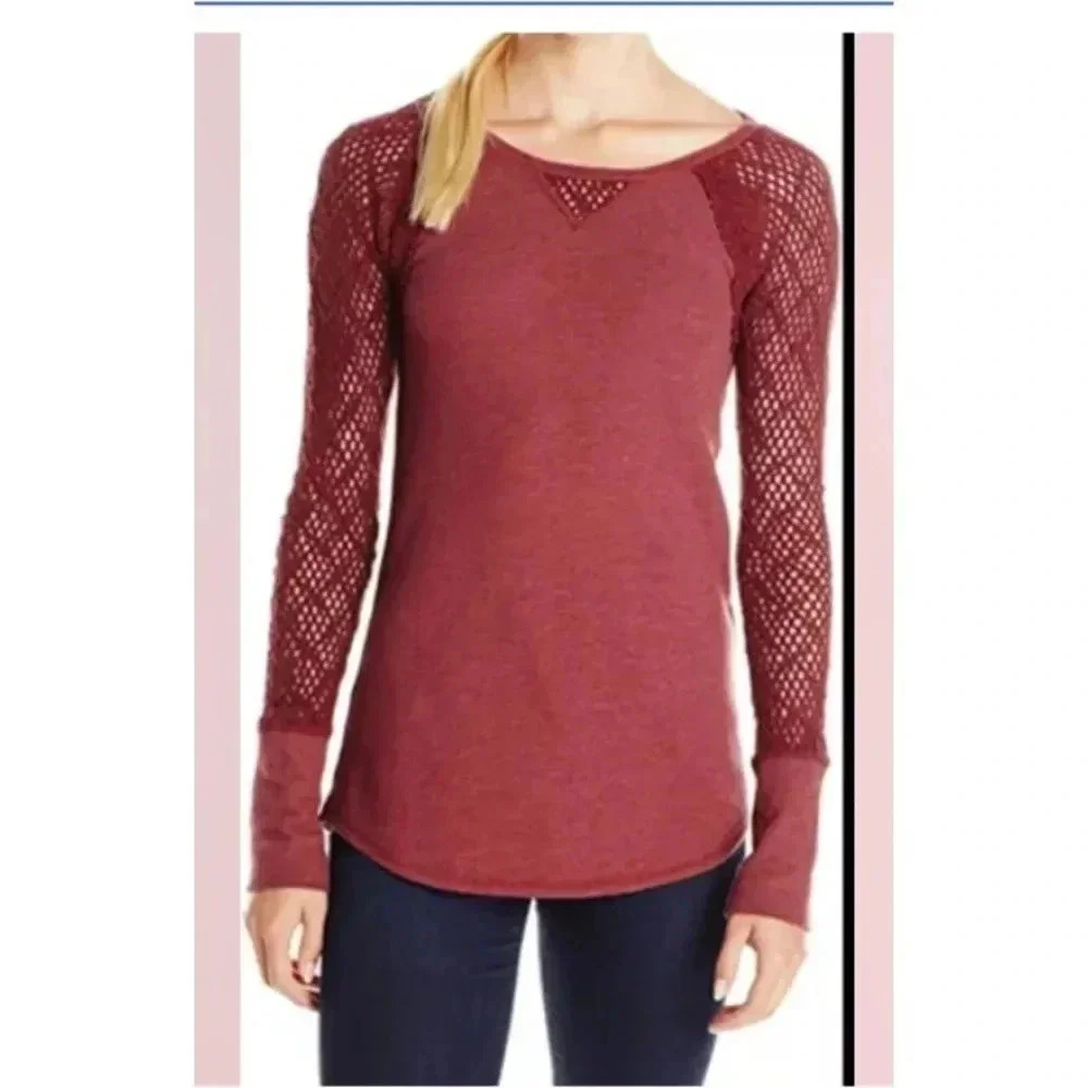 Women LUCKY BRAND Maroon Crochet Sleeve Thermal L/s Shirt Top Sz Small EUC